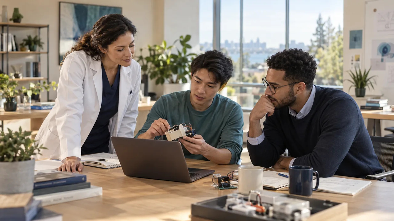 Three collaborators discussing a small electronic prototype at a sunlit worktable.